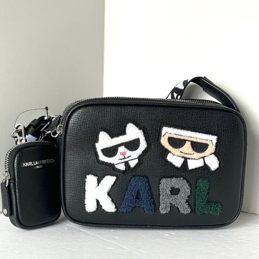 Karl Lagerfeld Maybelle Crossbody Black Felt Ikons Airpods Coin Case Guitar Stra